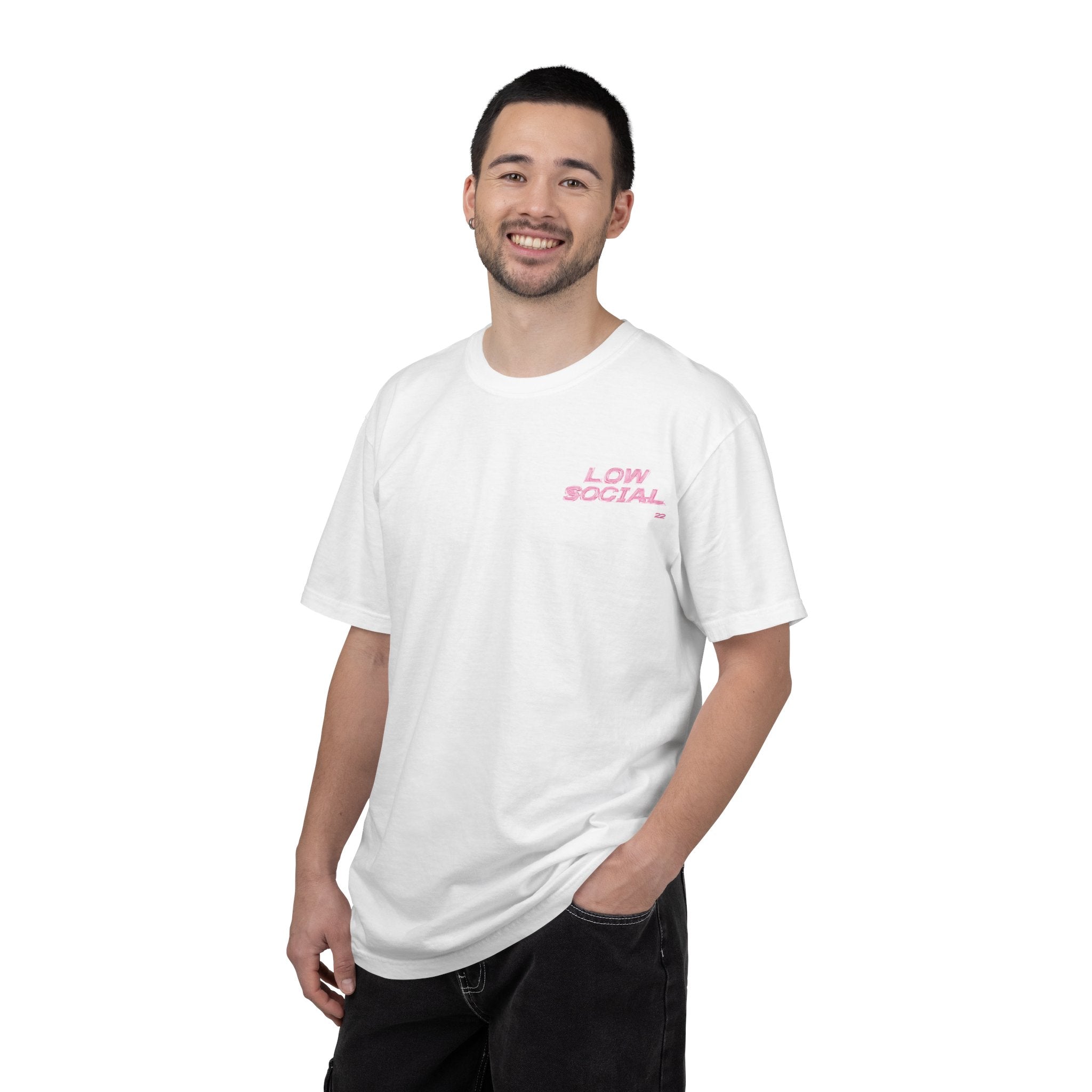 Low Social Graphic T-Shirt — Pink Collage Streetwear Tee