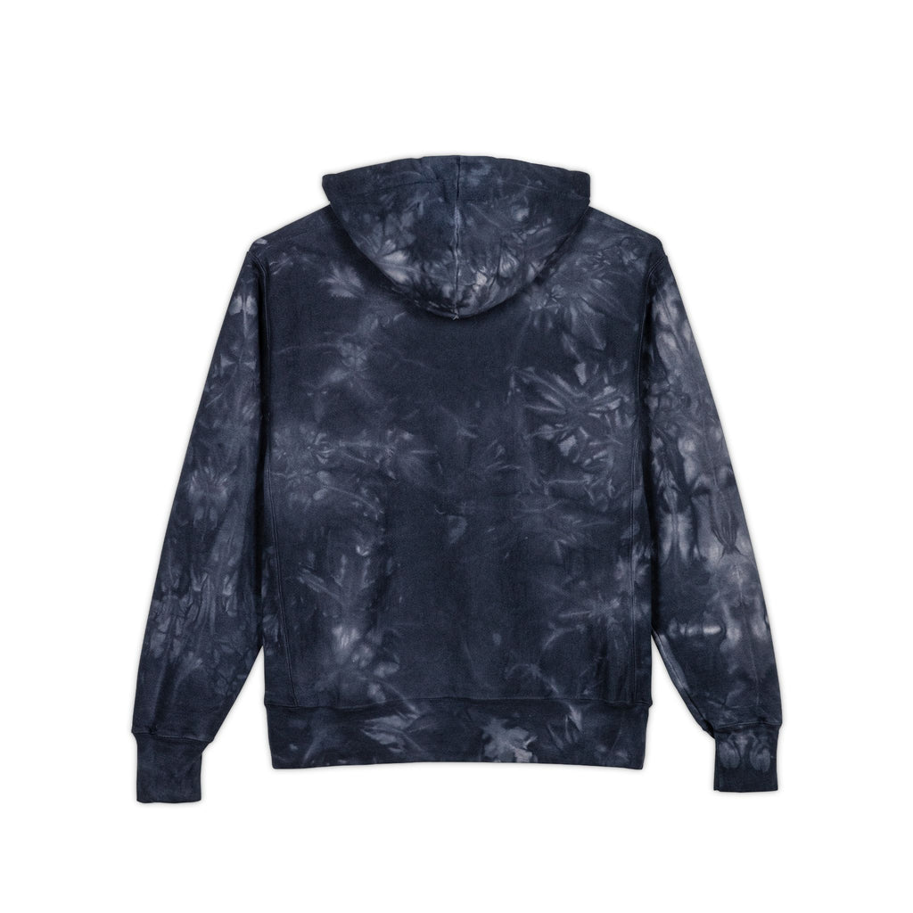 Tie-Dye Hoodie — Embroidered "Low Social" Graphic, Dark Washed Champion Style
