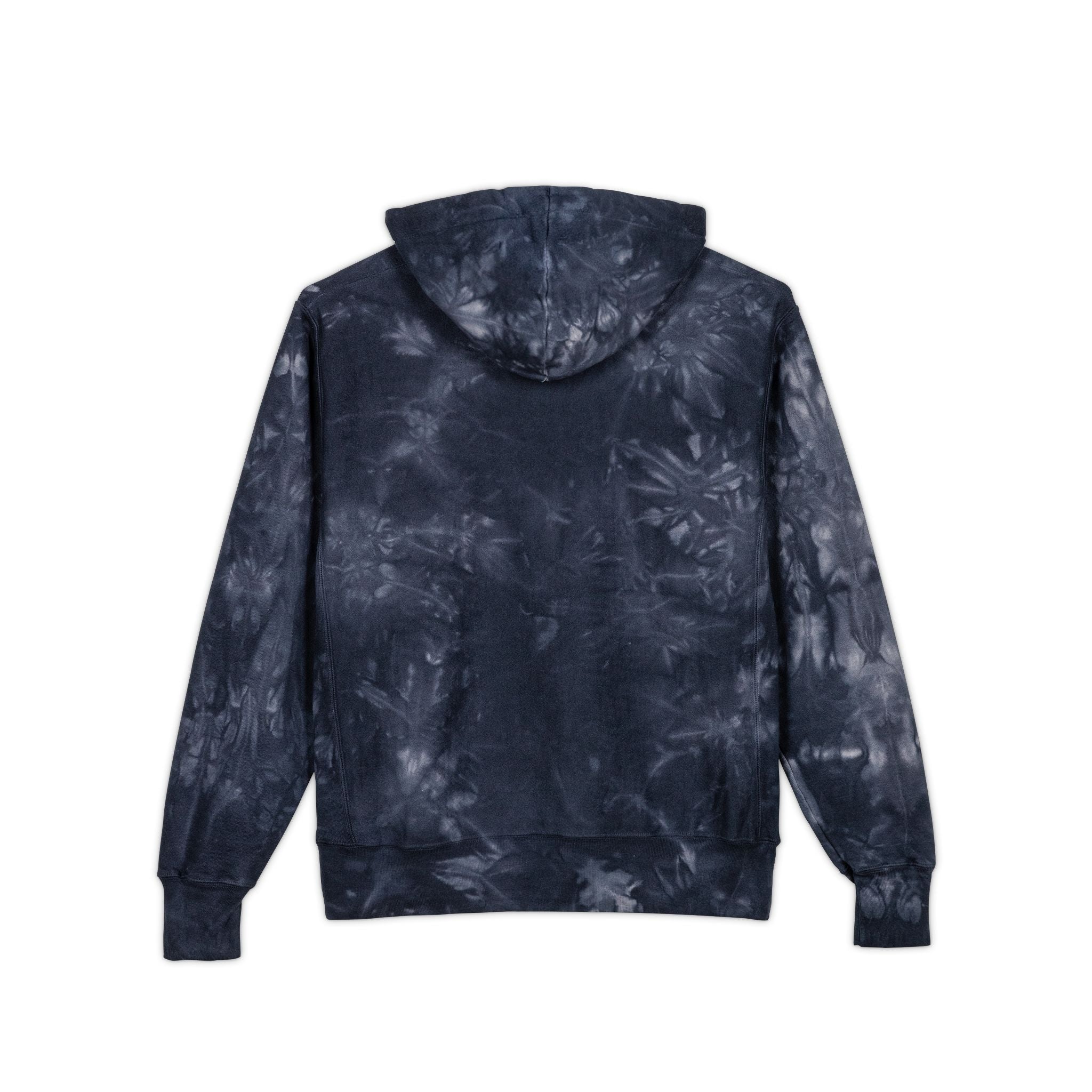 Tie-Dye Hoodie — Embroidered "Low Social" Graphic, Dark Washed Champion Style