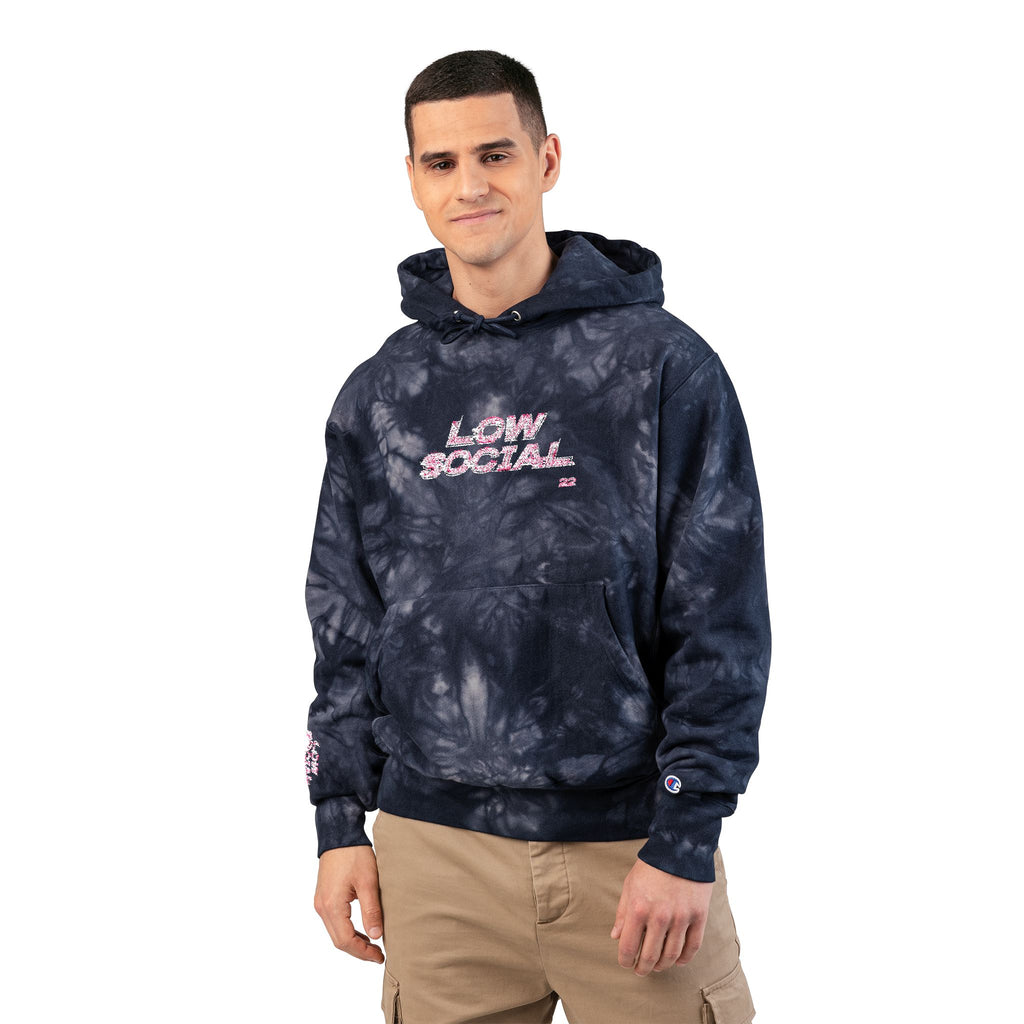 Tie-Dye Hoodie — Embroidered "Low Social" Graphic, Dark Washed Champion Style