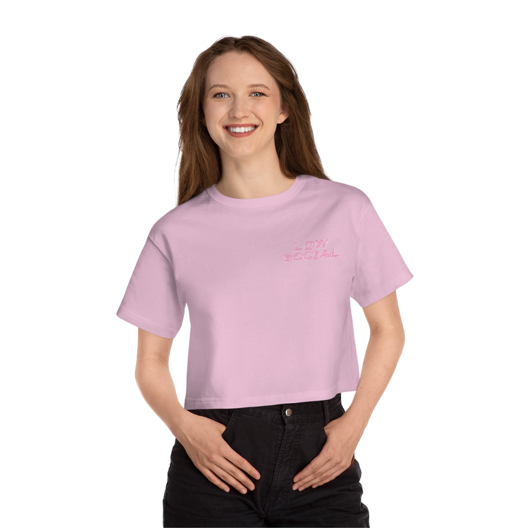 Introverted Cropped Tee — "Low Social" Pink Graphic