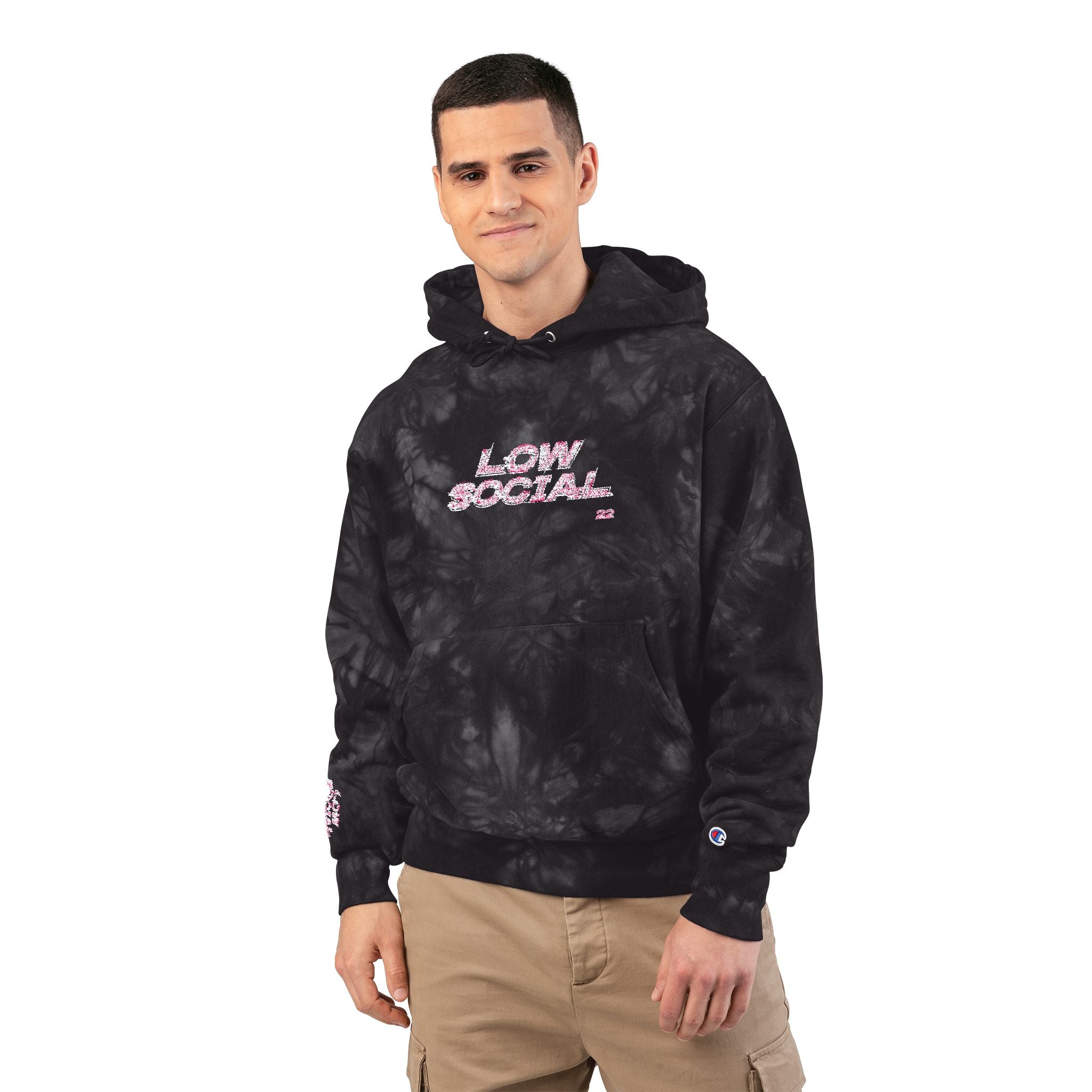 Tie-Dye Hoodie — Embroidered "Low Social" Graphic, Dark Washed Champion Style