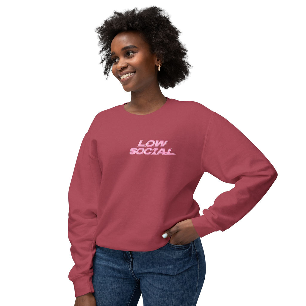 Crewneck Sweatshirt — "Low Social" Minimal Front, "Still Figuring Me Out Slowly/Silently" Graphic Back