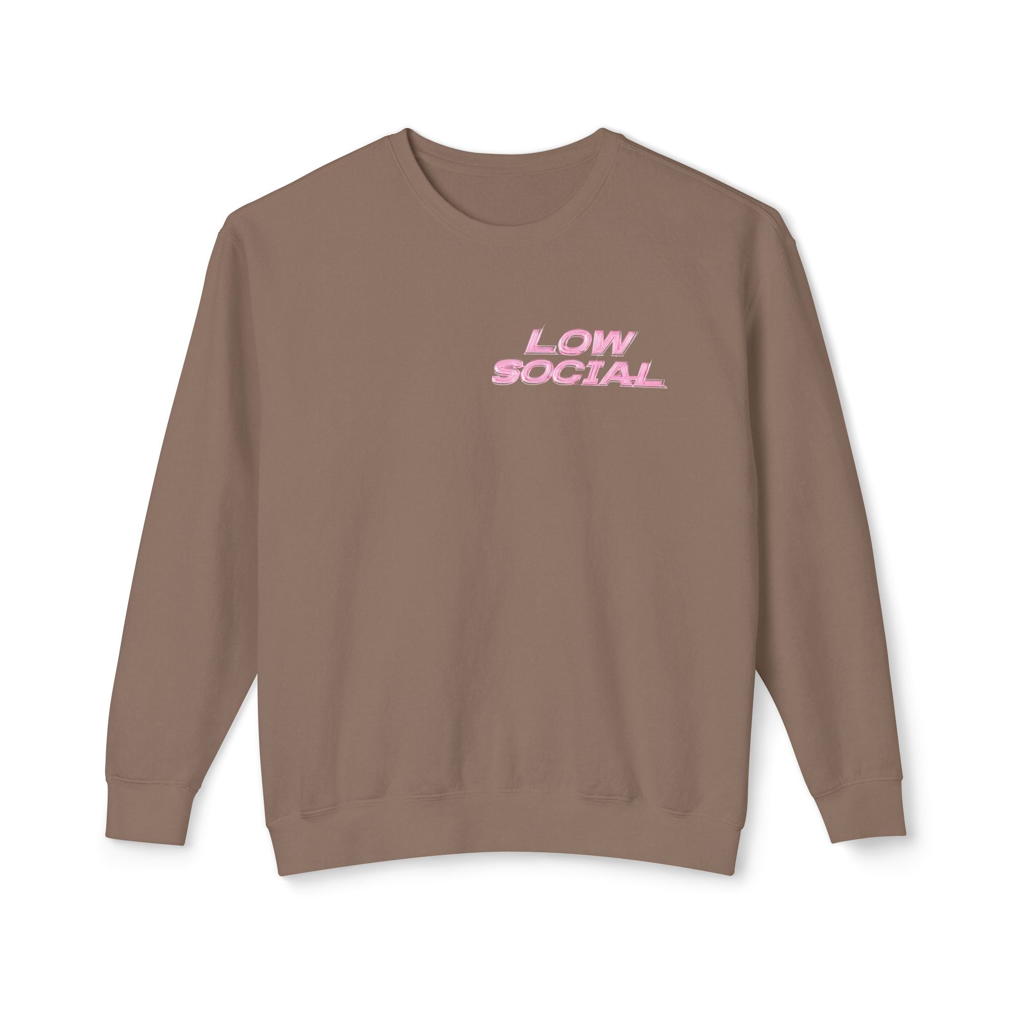 Crewneck Sweatshirt — "Low Social" Minimal Front, "Still Figuring Me Out Slowly/Silently" Graphic Back