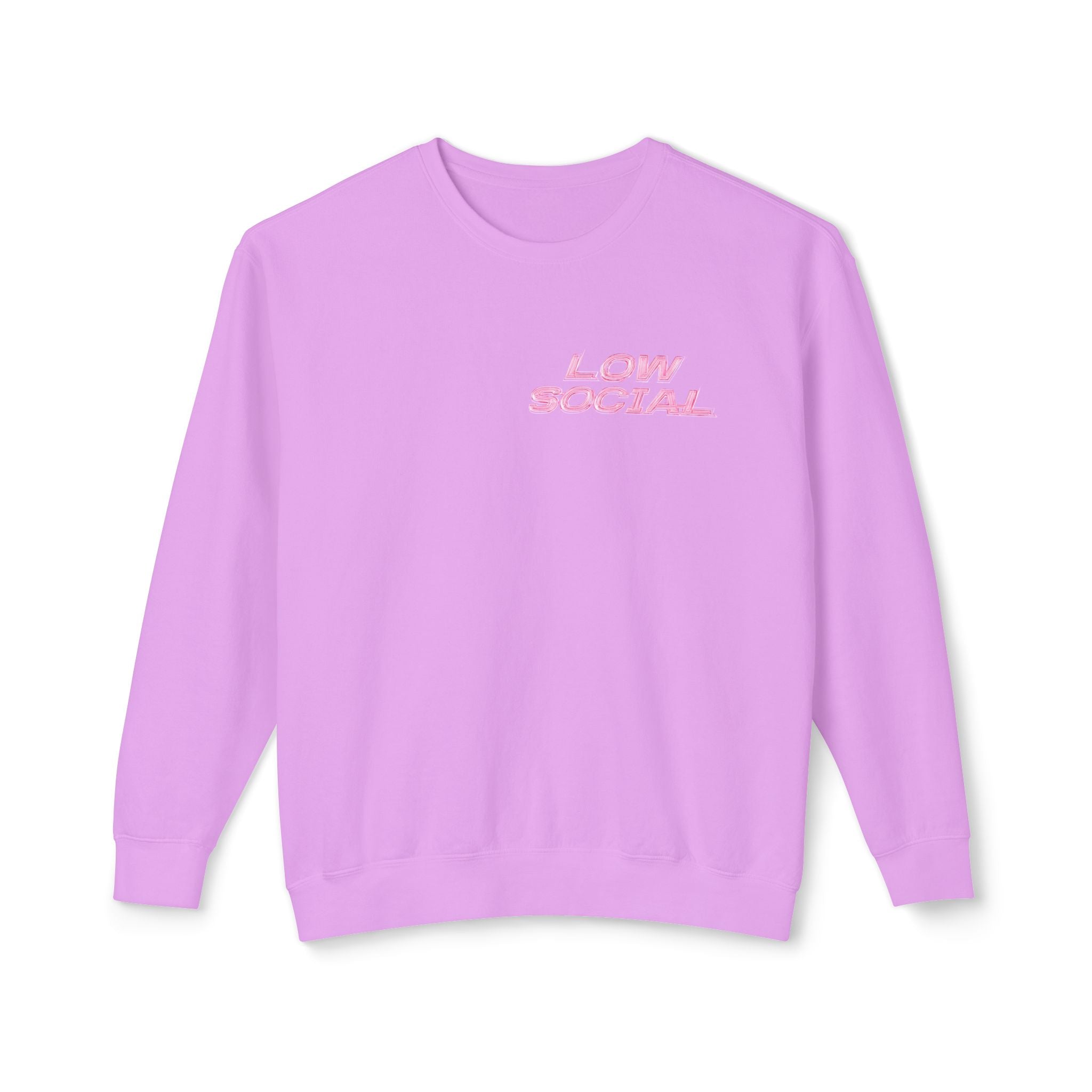 Crewneck Sweatshirt — "Low Social" Minimal Front, "Still Figuring Me Out Slowly/Silently" Graphic Back