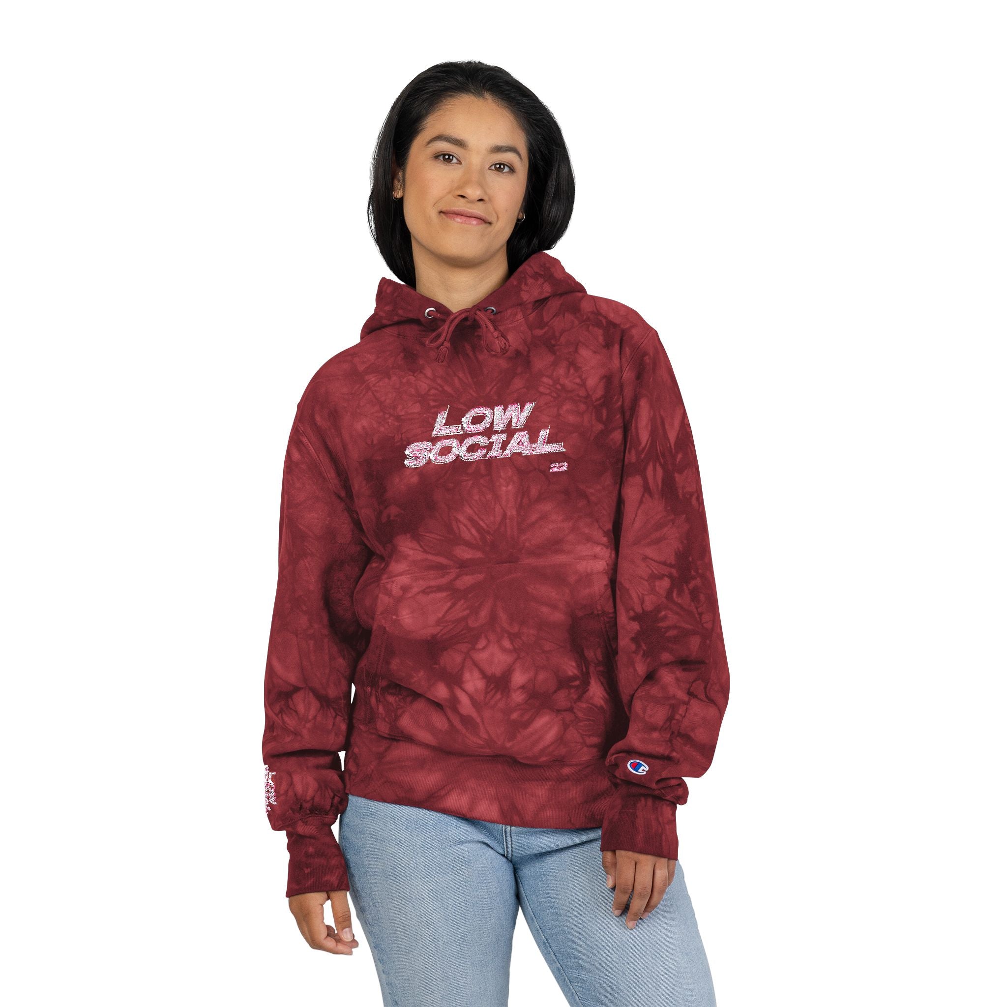 Tie-Dye Hoodie — Embroidered "Low Social" Graphic, Dark Washed Champion Style