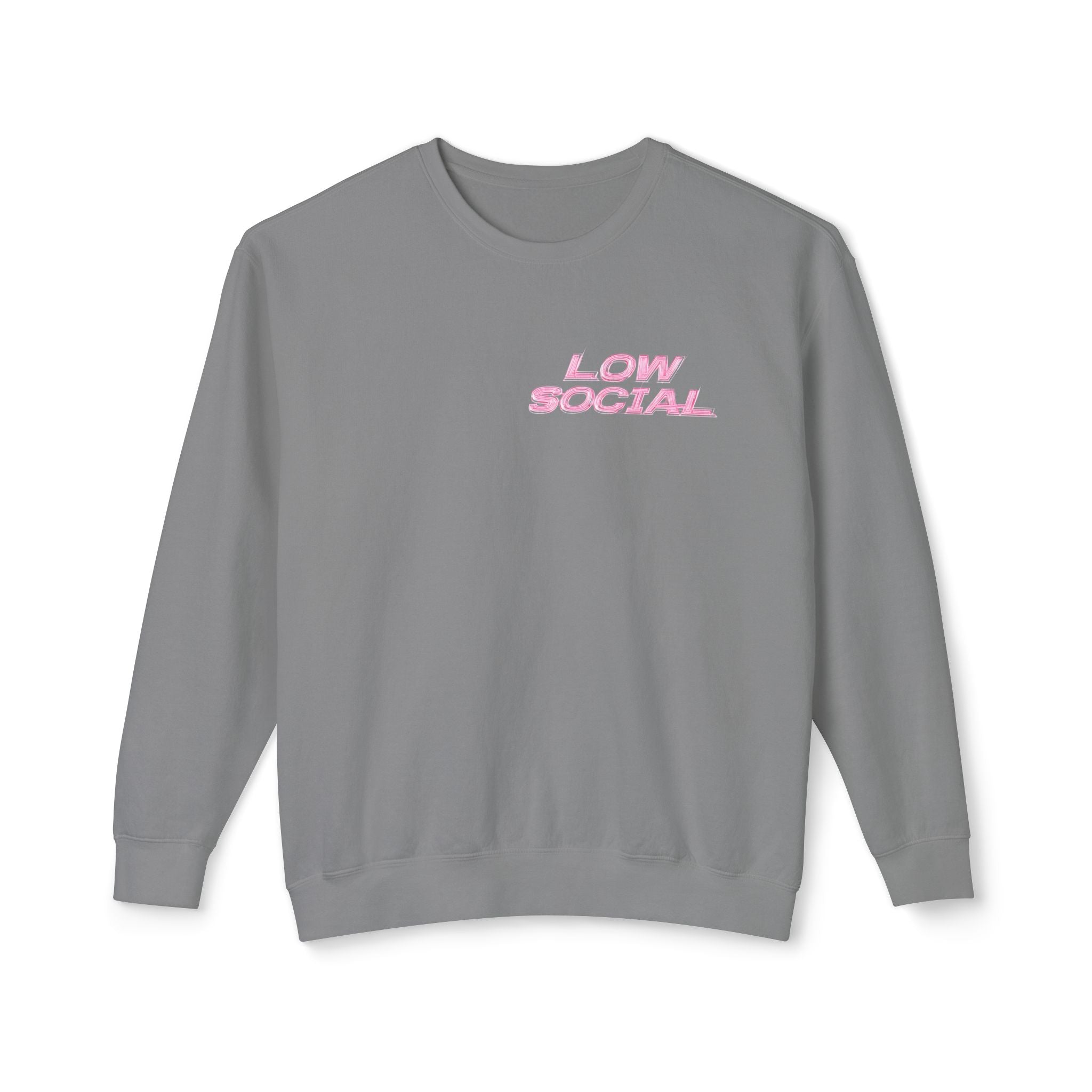 Crewneck Sweatshirt — "Low Social" Minimal Front, "Still Figuring Me Out Slowly/Silently" Graphic Back