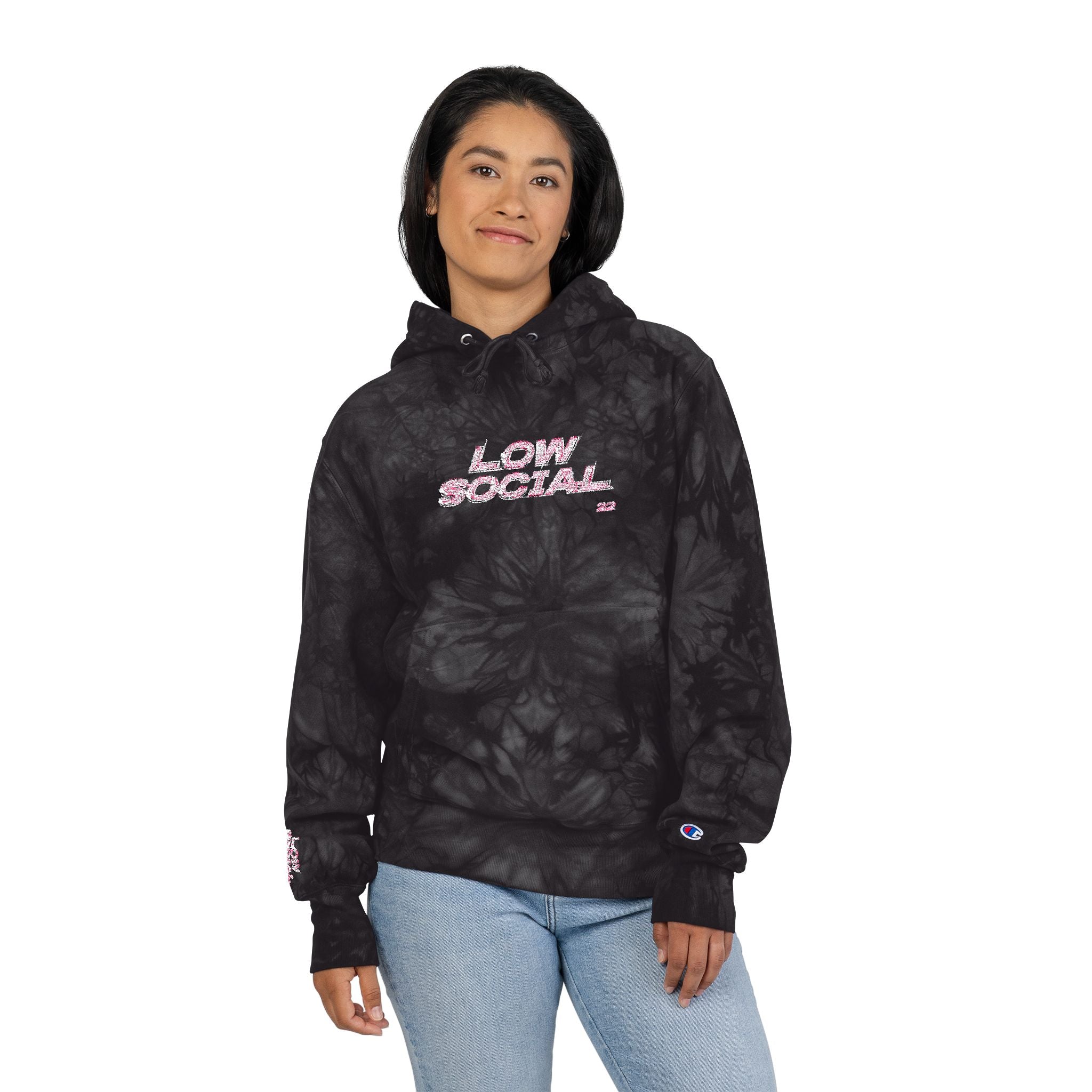 Tie-Dye Hoodie — Embroidered "Low Social" Graphic, Dark Washed Champion Style