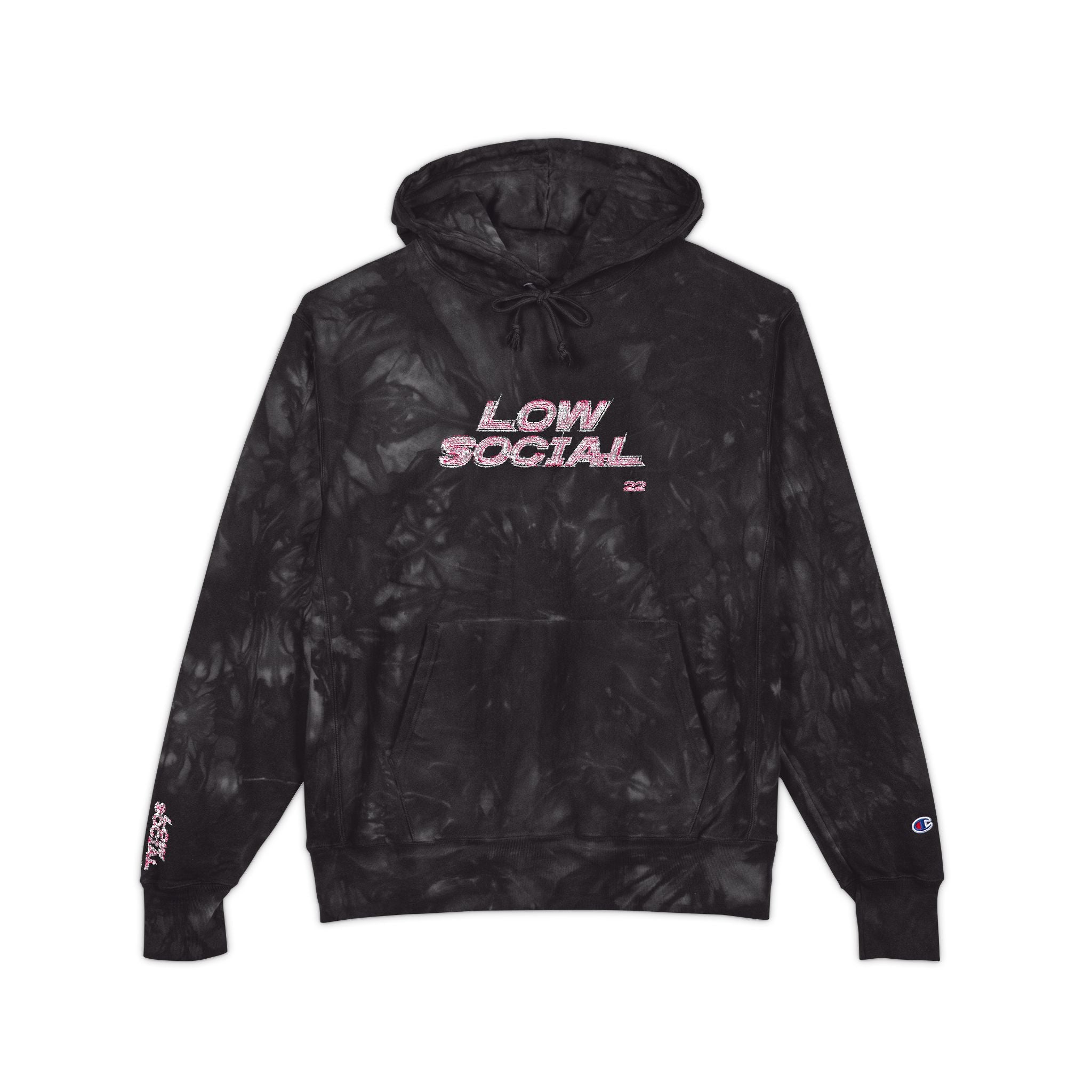 Tie-Dye Hoodie — Embroidered "Low Social" Graphic, Dark Washed Champion Style