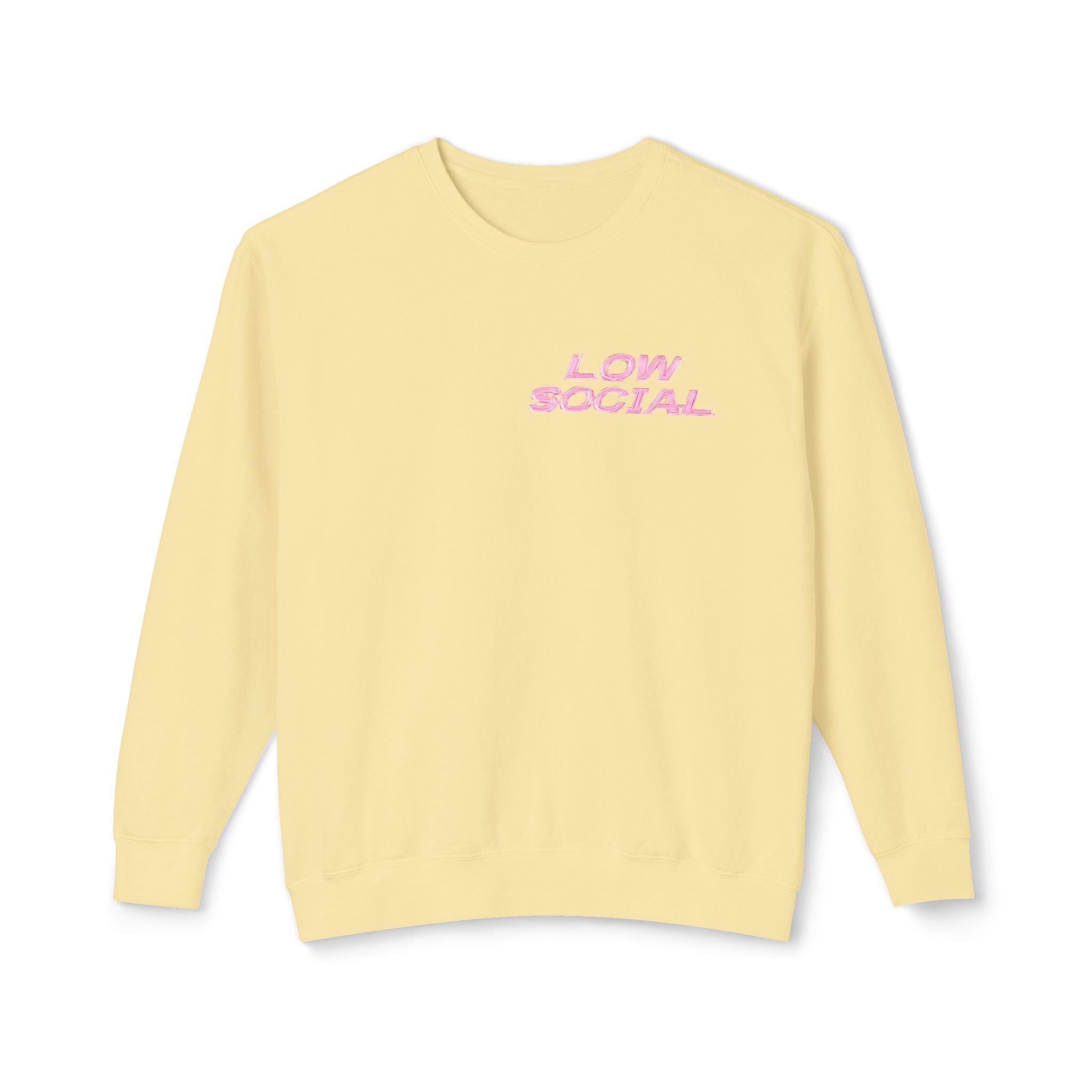 Crewneck Sweatshirt — "Low Social" Minimal Front, "Still Figuring Me Out Slowly/Silently" Graphic Back