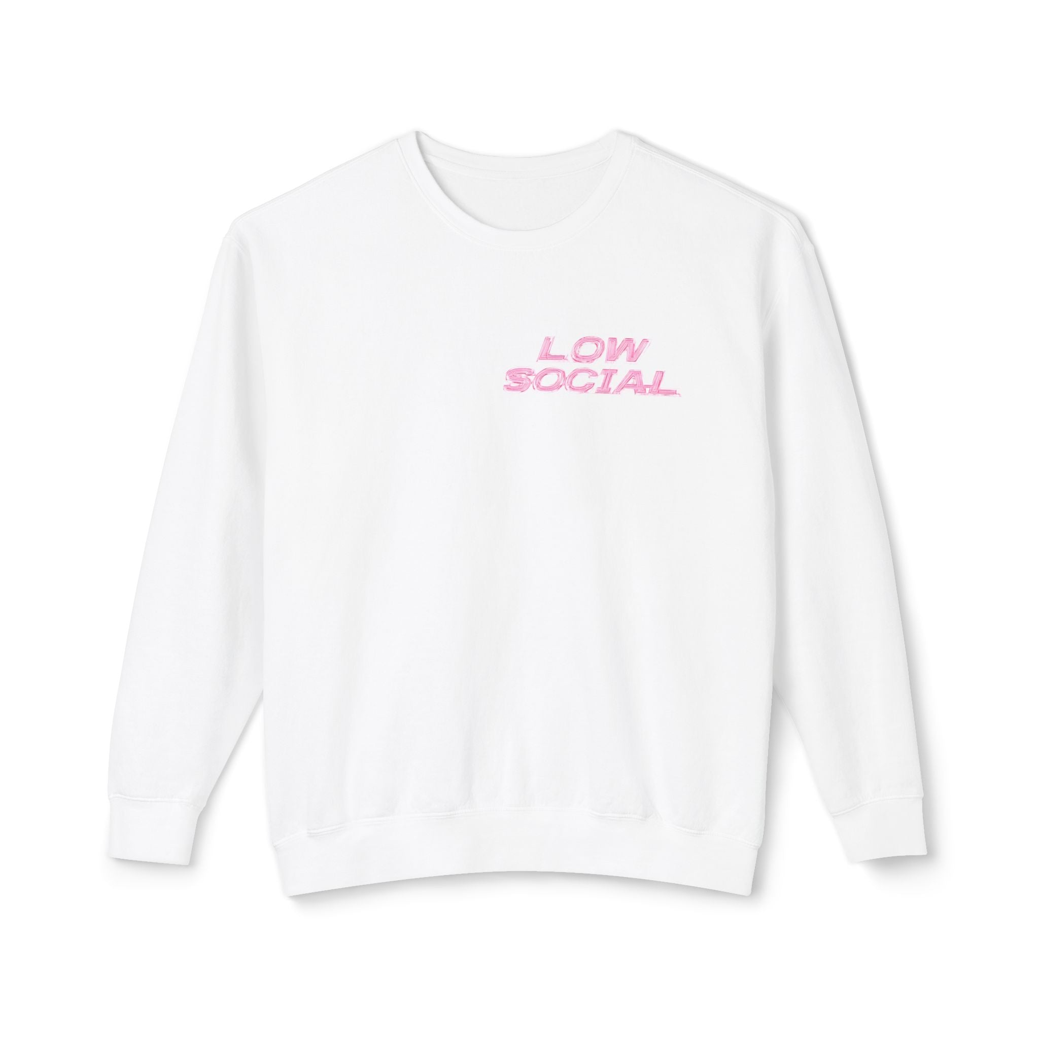 Crewneck Sweatshirt — "Low Social" Minimal Front, "Still Figuring Me Out Slowly/Silently" Graphic Back