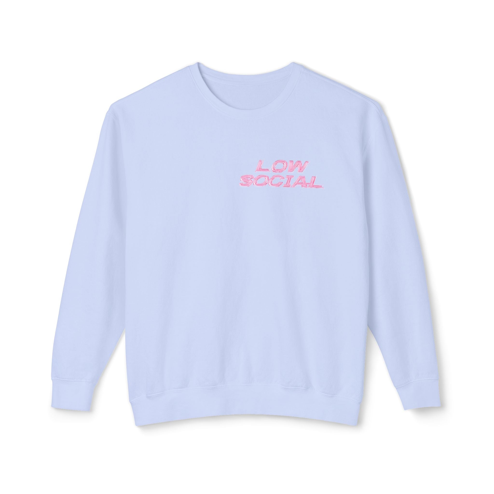 Crewneck Sweatshirt — "Low Social" Minimal Front, "Still Figuring Me Out Slowly/Silently" Graphic Back