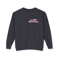 Crewneck Sweatshirt — "Low Social" Minimal Front, "Still Figuring Me Out Slowly/Silently" Graphic Back