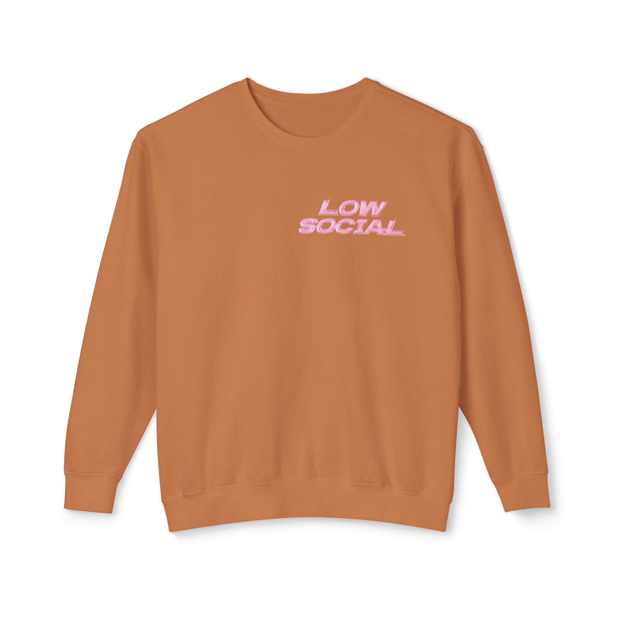 Crewneck Sweatshirt — "Low Social" Minimal Front, "Still Figuring Me Out Slowly/Silently" Graphic Back