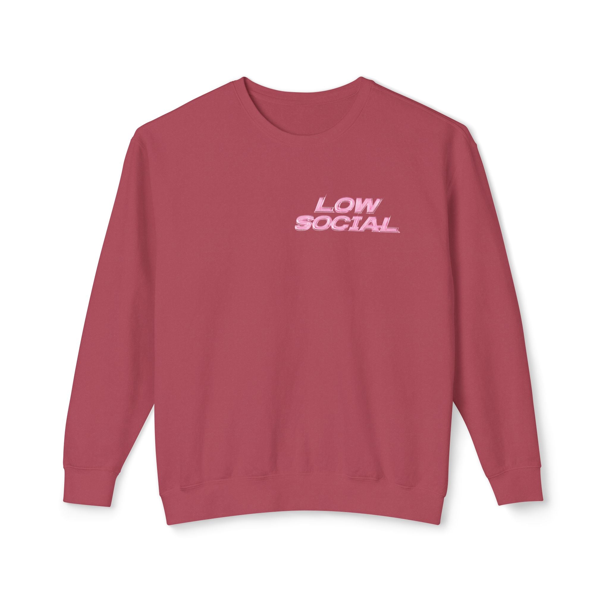 Crewneck Sweatshirt — "Low Social" Minimal Front, "Still Figuring Me Out Slowly/Silently" Graphic Back