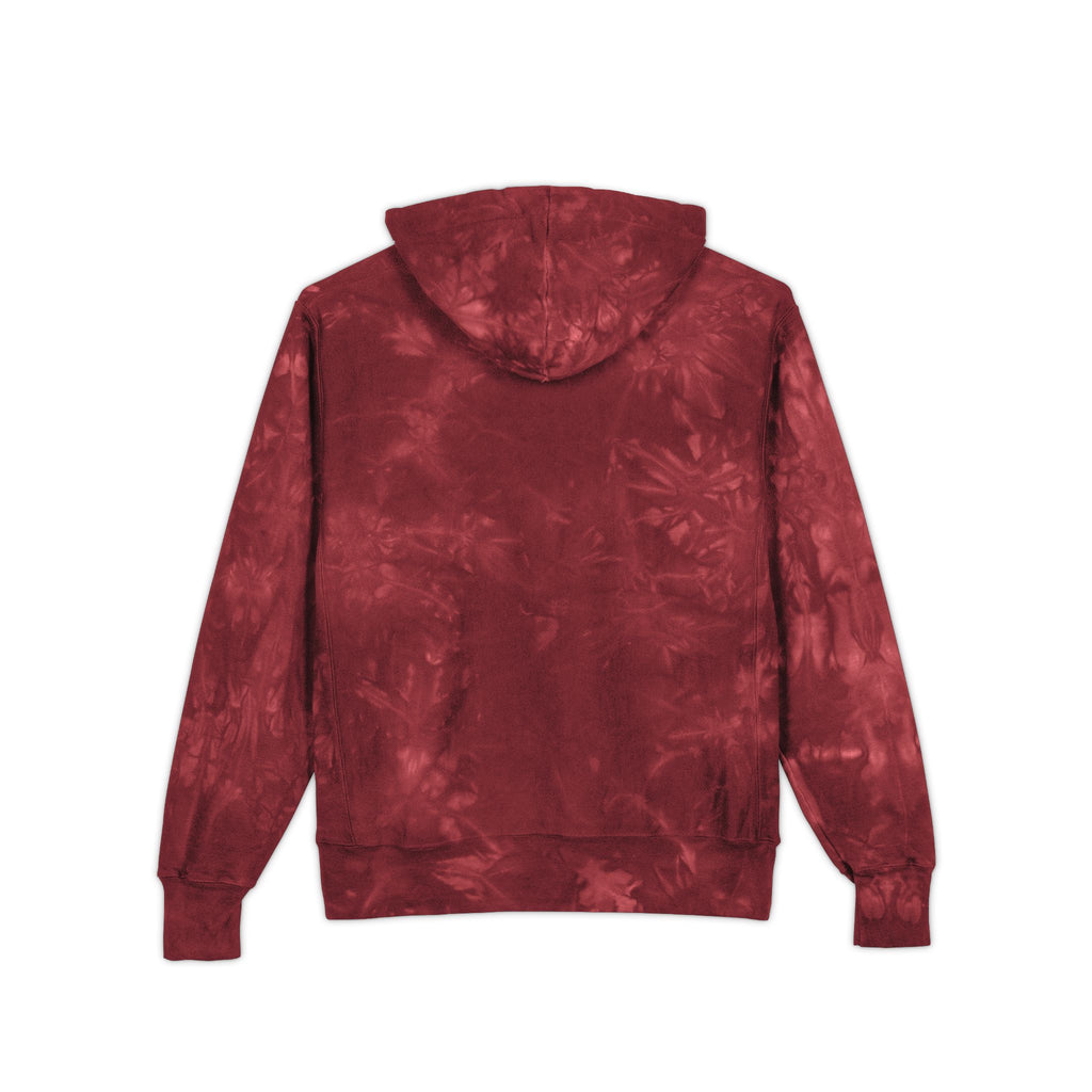Tie-Dye Hoodie — Embroidered "Low Social" Graphic, Dark Washed Champion Style