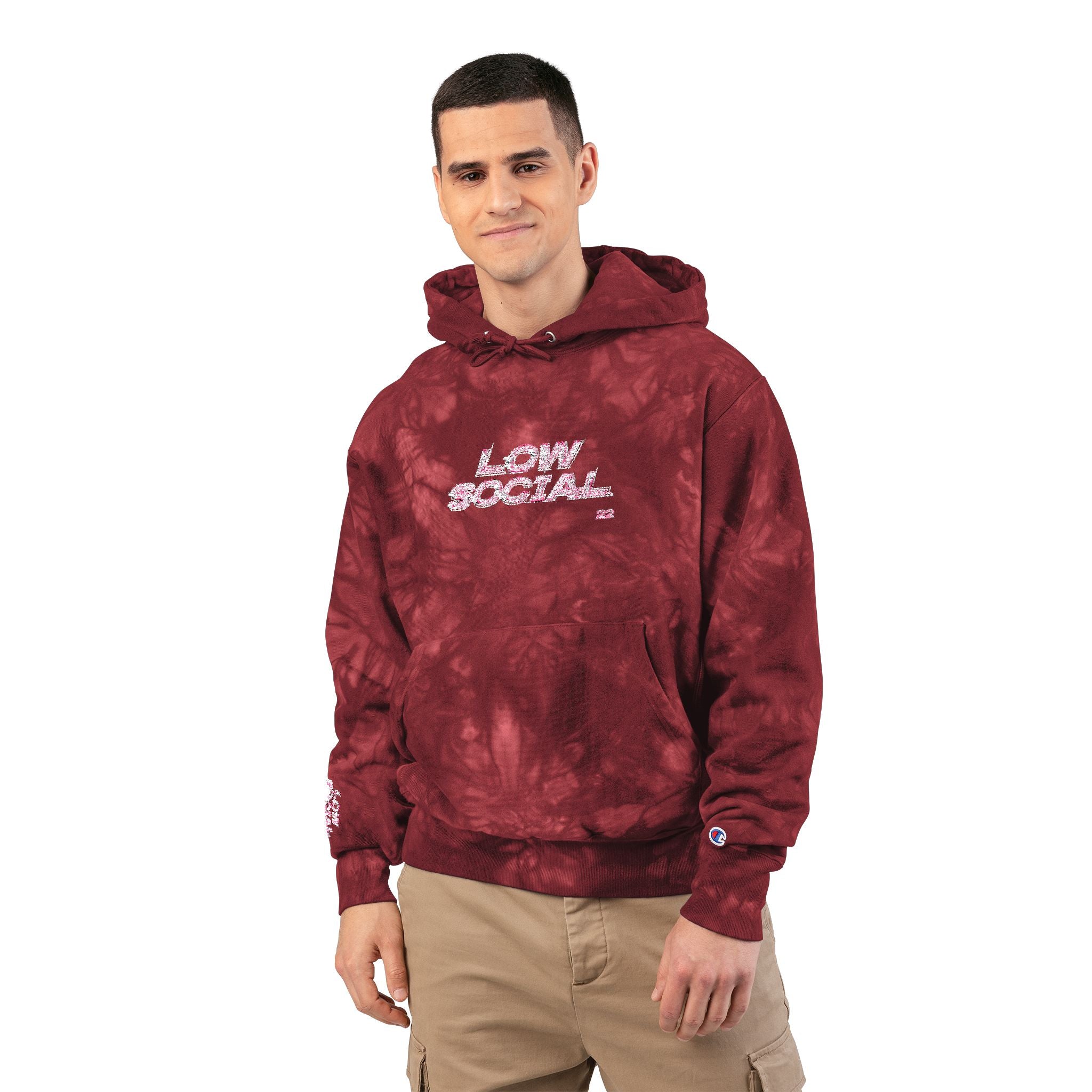 Tie-Dye Hoodie — Embroidered "Low Social" Graphic, Dark Washed Champion Style
