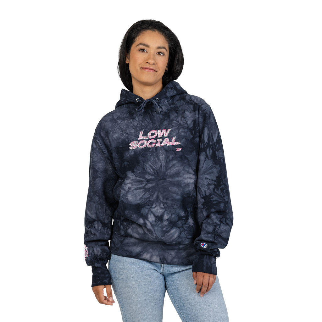 Tie-Dye Hoodie — Embroidered "Low Social" Graphic, Dark Washed Champion Style