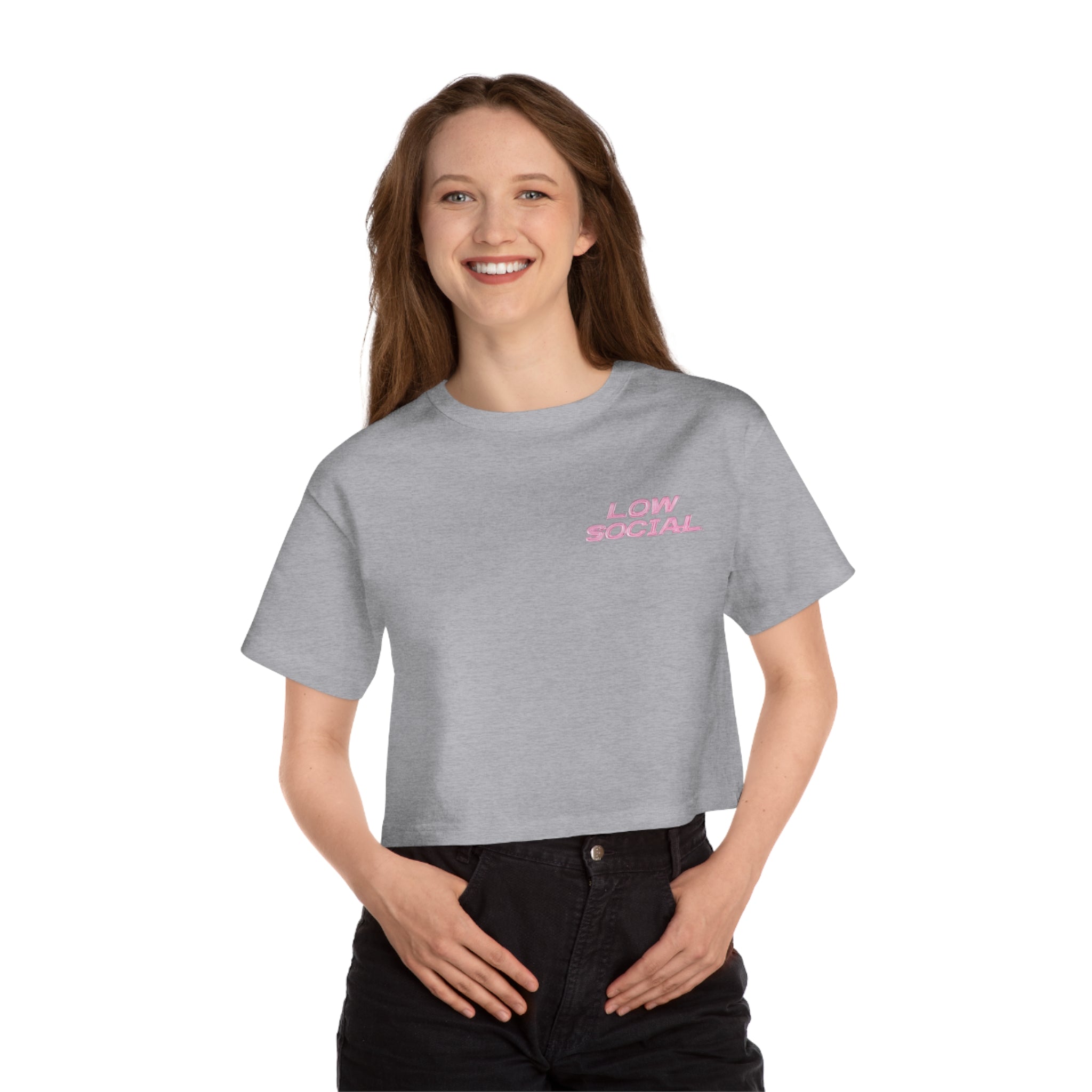 Introverted Cropped Tee — "Low Social" Pink Graphic