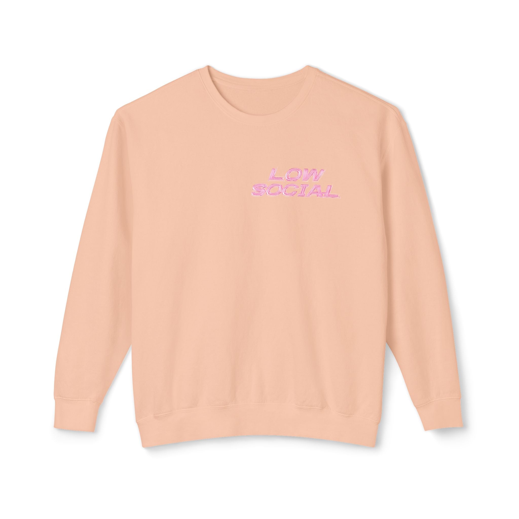 Crewneck Sweatshirt — "Low Social" Minimal Front, "Still Figuring Me Out Slowly/Silently" Graphic Back
