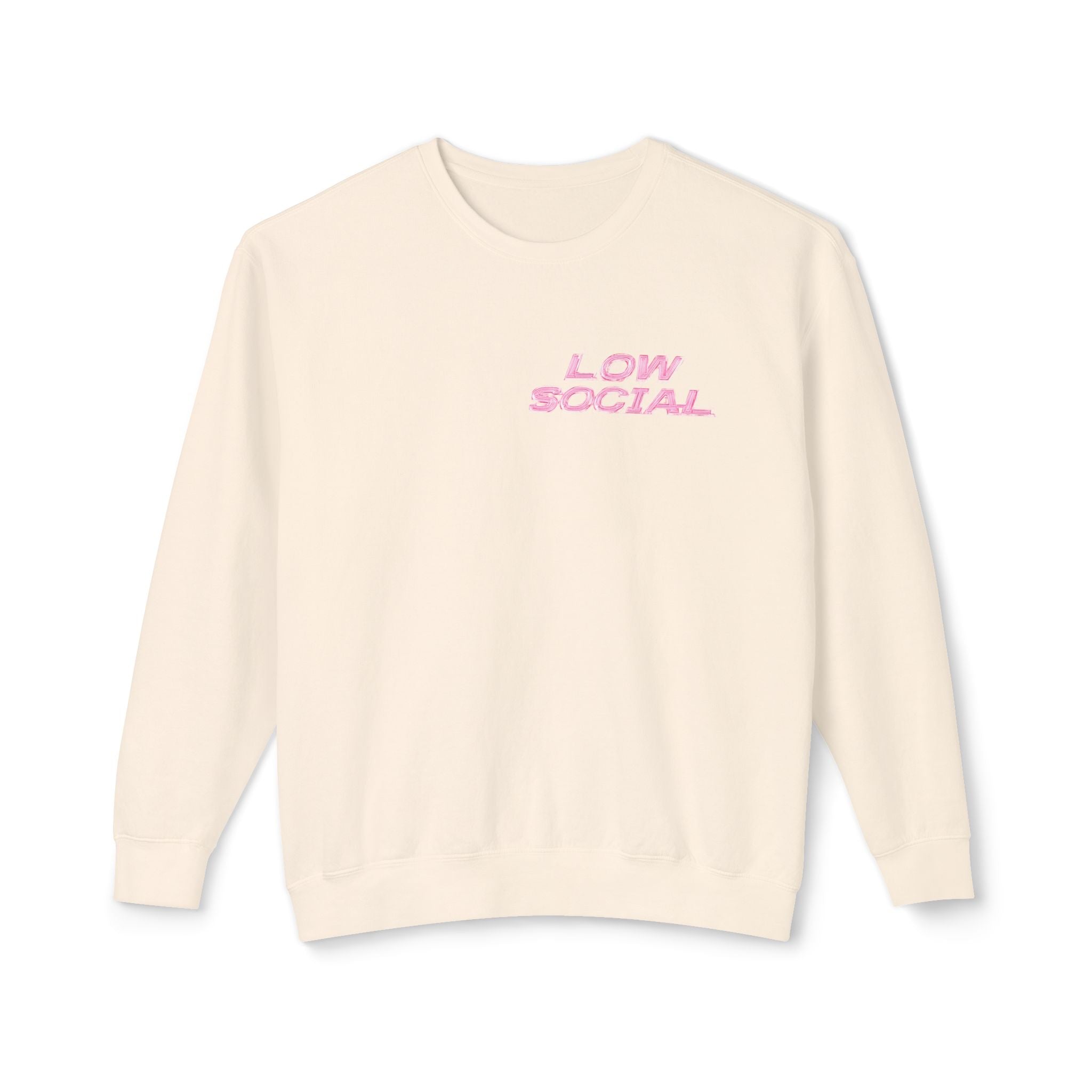 Crewneck Sweatshirt — "Low Social" Minimal Front, "Still Figuring Me Out Slowly/Silently" Graphic Back