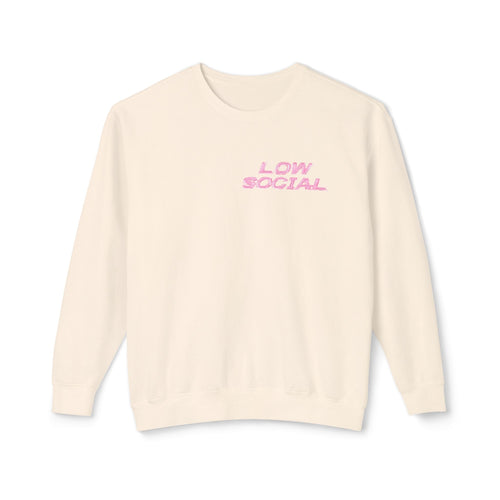 Crewneck Sweatshirt — "Low Social" Minimal Front, "Still Figuring Me Out Slowly/Silently" Graphic Back